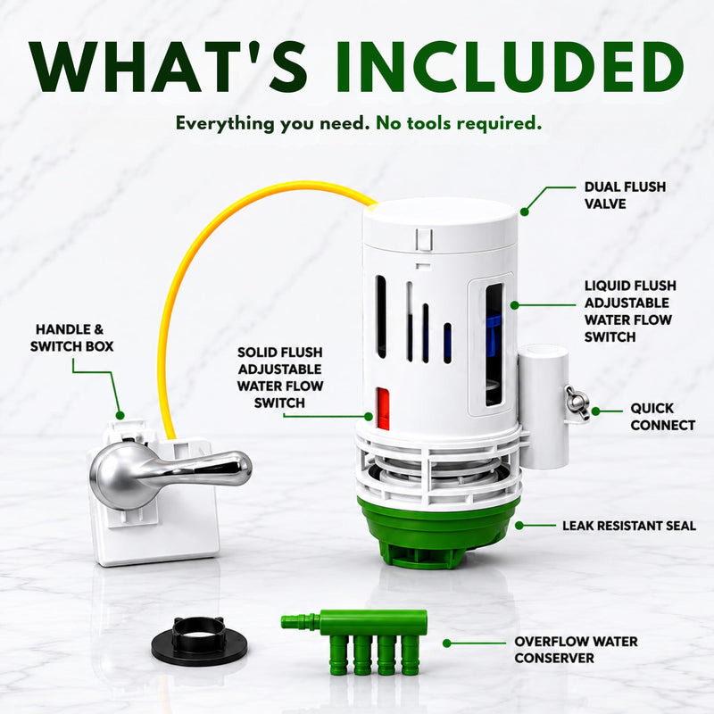 FLUSH -N-SAV 2 - Inch Dual Flush Quick Connect Valve Conversion Kit W/Handle & Overflow Water Conserver, Eliminates The Use Of Leaky Flapper & Chain, Includes 2 Flushing Options. Standard Handle