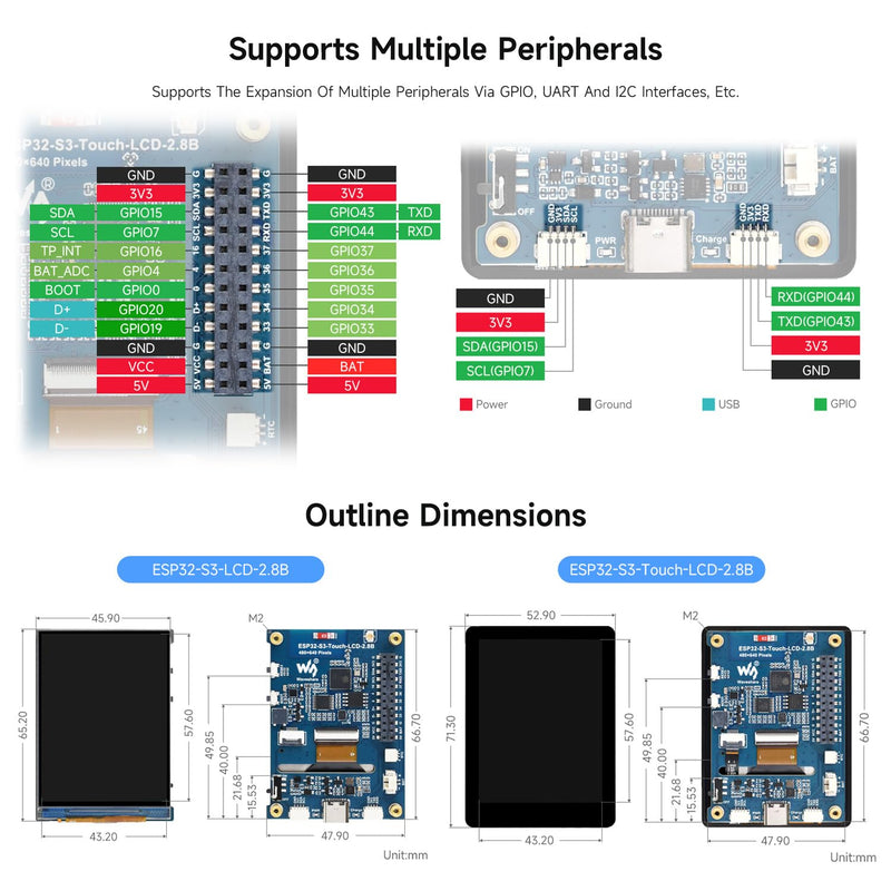 Waveshare ESP32-S3 2.8inch Display Development Board, 480×640, IPS, 32-bit LX7 Dual-core Processor, Up to 240MHz Frequency, Supports Wi-Fi & BLT, ESP32 with Display, Without Touch Function