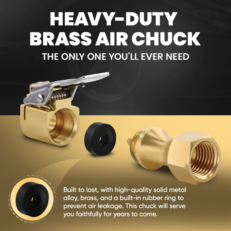 Air Chuck, Closed Flow Heavy-Duty Locking Tire Air Chuck, With Quick Connect, Solid Brass, 1/4 Inch Female NPT Thread, 250 PSI, Fits Most Air Hose, Air Inflators, - 2 in a Pack