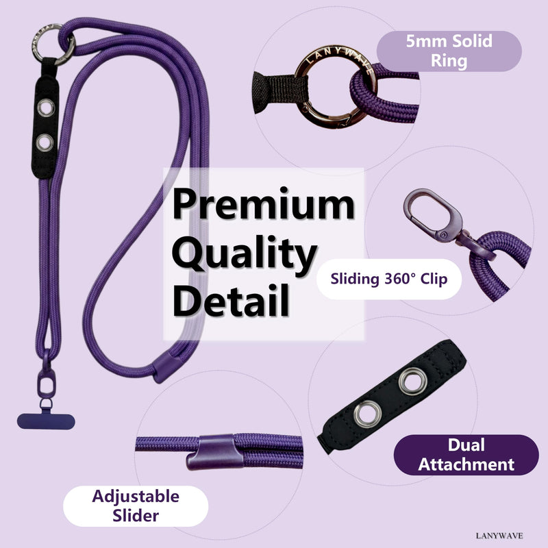 Adjustable Crossbody Phone Lanyard with Hanging Loops | 7mm Braided Rope, Sliding Buckle, Hands-Free Carry, Fits Most Phone Cases, Includes Tether Tab Deep Purple