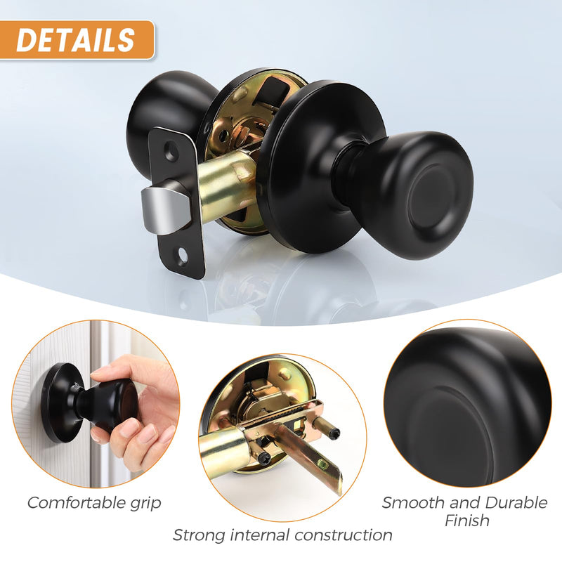 KNOBWELL 2 Pack Passage Door Knobs Interior Black Door Knob for Hall and Closet, No Locking Keyless Tulip Round Door Knobs, Matte Black Interior Door Knob Passage Door Knob(No Lock)