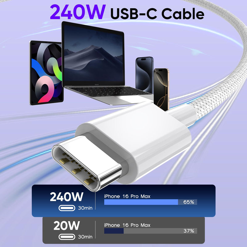 USB C to USB C,240W USBC Woven Charge Cable,10FT 2Pack Long USBC Cable Fast Charging Cord for Apple MacBook Pro/MacBook Air,iPad Pro/Air,iPad mini,iPhone 16e 16 15 ProMax Compatible 140W/100W/60W/45W 10FT 2