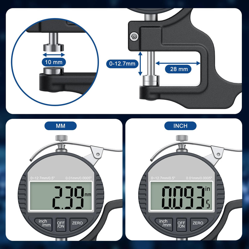 Digital Thickness Gauge 0-12.7mm/0.5" | 0.01mm/0.0005", Thickness Meter Precise Electronic Micrometer with LCD Display, Suitable for Paper/Film/Leather/Wire Thickness Gauge-Black