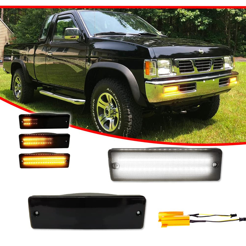 GTINTHEBOX For 1988-1997 Nissan Hardbody PickUp, 1988-1995 Nissan Pathfinder Front Bumper Turn Signal DRL Daytime Running Light Smoked Lens Amber/White LED Lamp