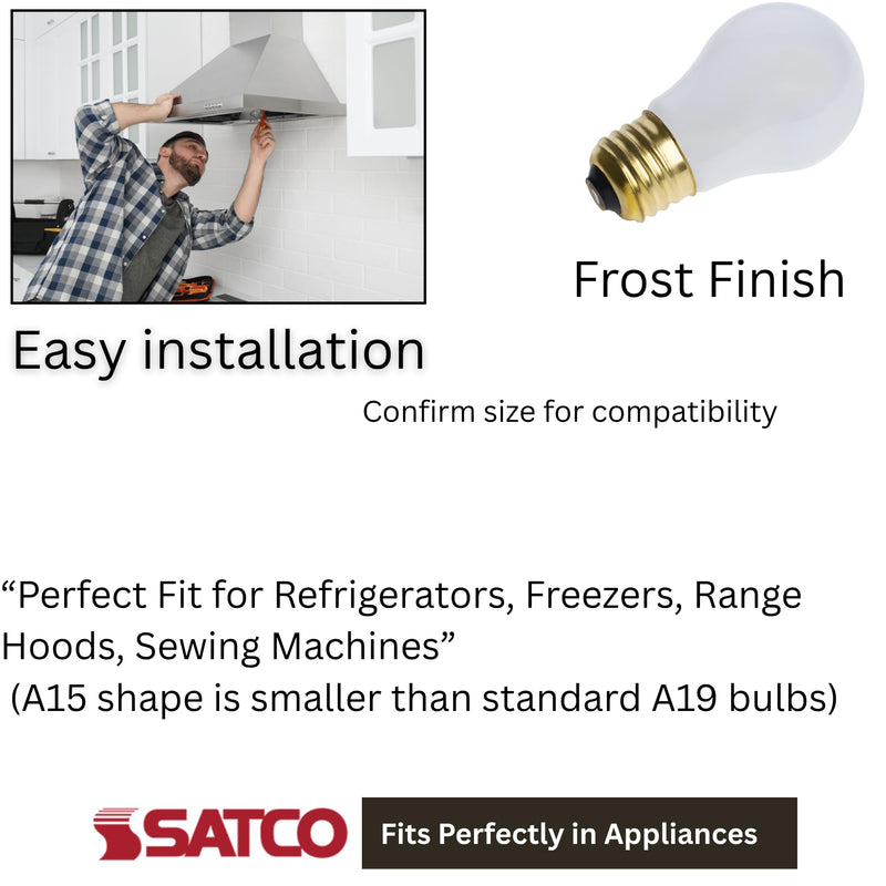 Satco S4881-40 Watt A15 Small Appliance Incandescent Frosted Light Bulbs - Shatter Proof - 130V, Medium E26 Base - 2700K - Dimmable, for Fridge, Range Hood, Sewing Machine, Freezer (12 Pack)