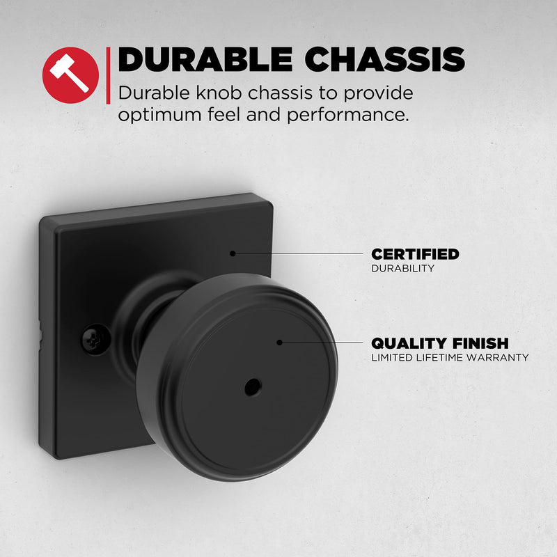 Kwikset Maven Interior Privacy Door Knob with Lock, Square Door Handle for Bathroom and Bedroom, Matte Black Keyless Turn Lock Doorknob, with Microban Protection 1 Pack