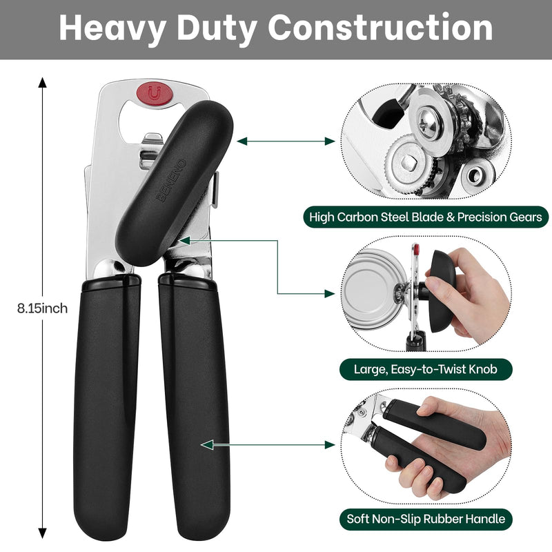 Beneno Heavy Duty Can Opener Manual with Magnet, Smooth Cutting Blade, Durable High Carbon Steel Hand Can Opener Manual with Easy to Turn Knob & Soft Grip Handles, Multifunctional Bottle Opener, Black