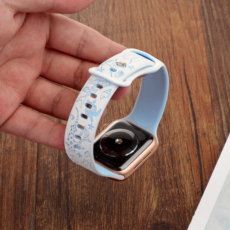 Engraved Shark Double Color Silicone Band Compatible with Apple Watch 38mm 40mm 41mm 42mm 44mm 45mm 46mm 49mm Cute Fancy Laser Sport Strap Compatible for iWatch Series SE Ultra 11 10 9 8 7 6 5 4 3 2 1 White/Blue 38mm/40mm/41mm/42mm(Series 11 10)