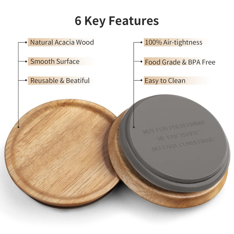 6 Regular Mouth and 6 Wide Mouth Wooden Mason Jar Lids for Ball/Mason Jars, Reusable Acacia Wood Mason Jar Lids with Airtight Silicone Seal Perfect for Dry Food Storage (6PCS-Regular + 6PCS-Wide) 6PCS-Regular + 6PCS-Wide