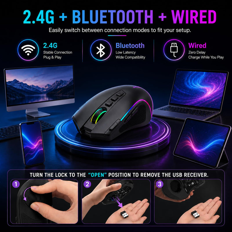 E-YOOSO Wireless RGB Gaming Mouse, Tri-Mode, 8000 DPI, Rechargeable | Rapid-fire key, 9 customizable buttons, 1000Hz polling, 75-hour battery, 6 RGB modes, for PC gaming and work Black