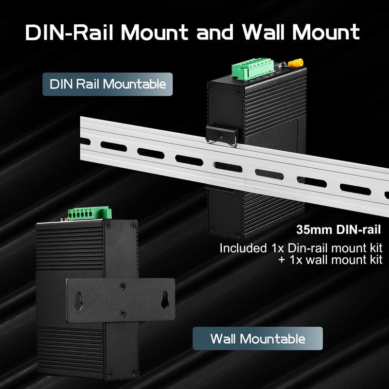 5 Port Industrial Ethernet Switch, 4 Ports and 1 Uplink 10/100Mbps, Fanless Din Rail and Wall Mount, IP40 Aluminum Alloy -40~75°C(-40~185°F), with One Power Supply 5 Port 100Mbps