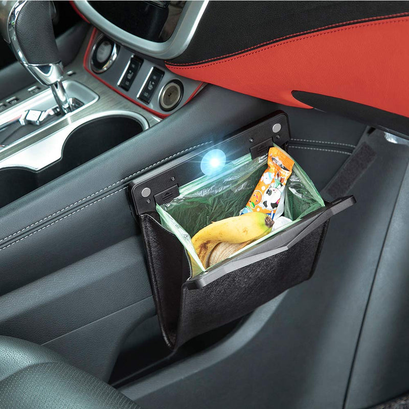 Smart LED Car Trash Can Waterproof Garbage Bag Passenger Side Artificial Leather Storage Pocket Leak Proof Reusable Traveling Portable Offices Toilet Garbage Cans Back Seat Hanging (Black-1pack) Black-1pack