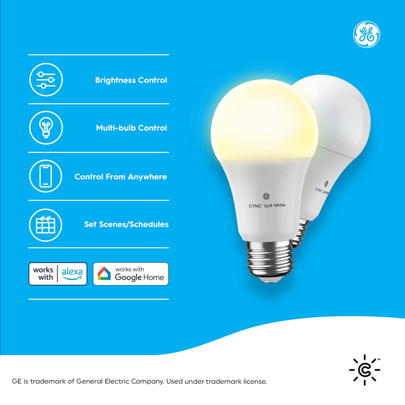 GE CYNC A19 Smart LED Light Bulbs, Soft White, Bluetooth and WiFi Light Bulbs, 60W Equivalent, Work with Amazon Alexa and Google Home (4 Pack) 4 Pack