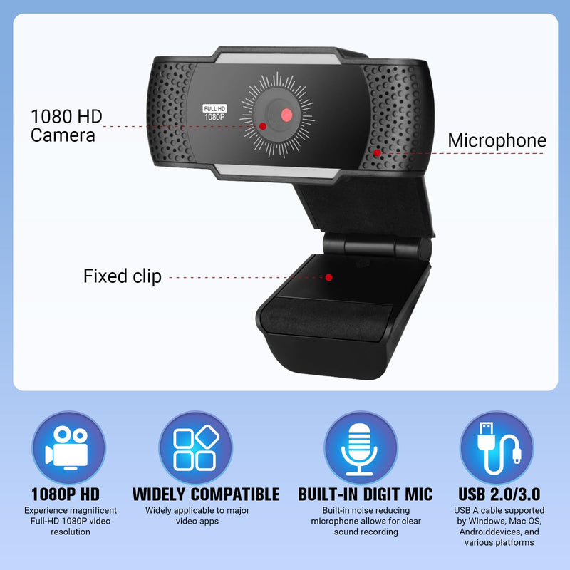 1080P Webcam with Microphone, Plug and Play USB Computer Camera for PC Laptop Desktop, Auto Light Correction, Wide Angle 90° for Zoom Teams YouTube Skype Live Streaming(Black)