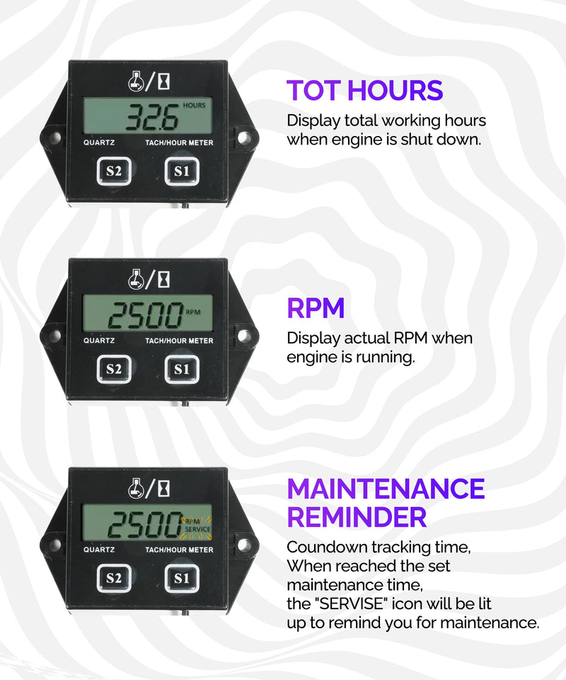 RACOONA Digital Tachometer,Hour Meters for Small Engines,Car Accessories Small Engine Hour Meter and Digital Tachometer,Waterproof Inductive Tachometer Gauge for Lawn Mower Tractor Generator