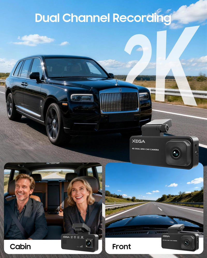 XEGA 4G Dual Dash Cam with Live View OBD Powered Anti Vandalism Car Camera | 2K HD, 24/7 Sentry Mode, APP Alert, GPS Tracking, No WiFi No Screen, Non-replaceable Built-in SIM Card, Only Works in the US