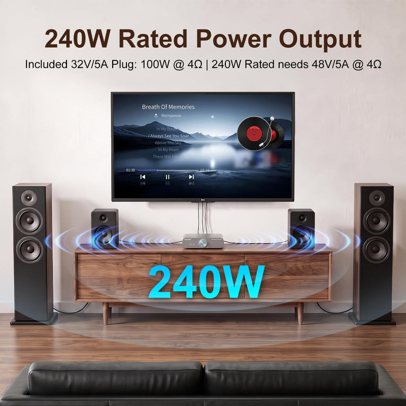 Aveek TPA3255 Stereo Amplifier, 2 Channel Class D Mini Amp for Speakers | 32V 5A Adapter Included, RCA&3.5mm Inputs, Low-Noise HiFi Sound for 2-8Ω Passive Bookshelf/Tower Speakers, Desktop/Home Audio