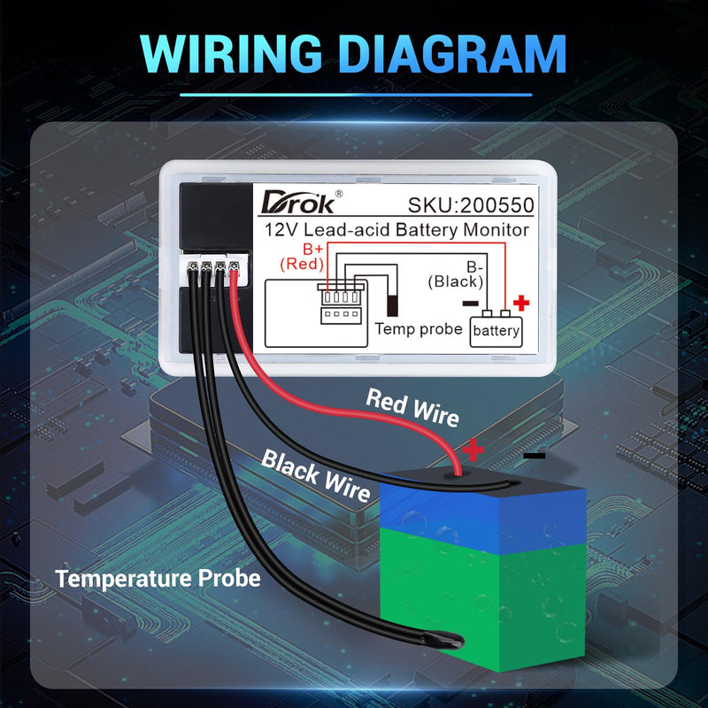 DROK RV Battery Monitor 12V - Golf Cart Battery Meter 10-100V, Digital Voltmeter Temperature Gauge for Car Marine DIY Project Grey 12V/30cm Wire