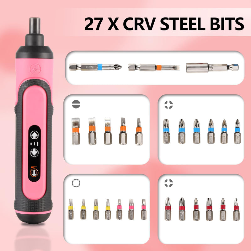 Electric Screwdriver Rechargeable, 4V Cordless Screwdriver, with 3 Gear Torque Adjustment and 26 Bits, Extension Rod, USB Charging Cable, Suitable for Furniture or Appliance Repair Pink
