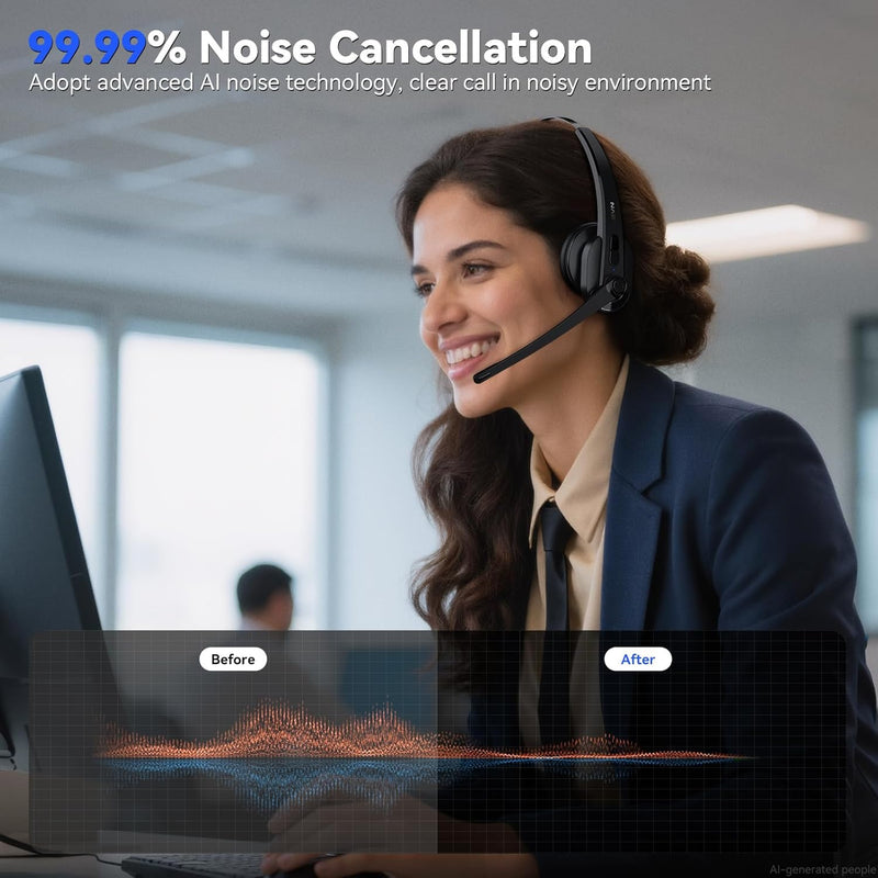 Wireless Headset with Mic for Work, Bluetooth Headset with Microphone(AI Noise Cancelling), Lightweight Comfortable with Mute Button Computer Headset with Microphone for PC/Office/Call Center/ Teams Black