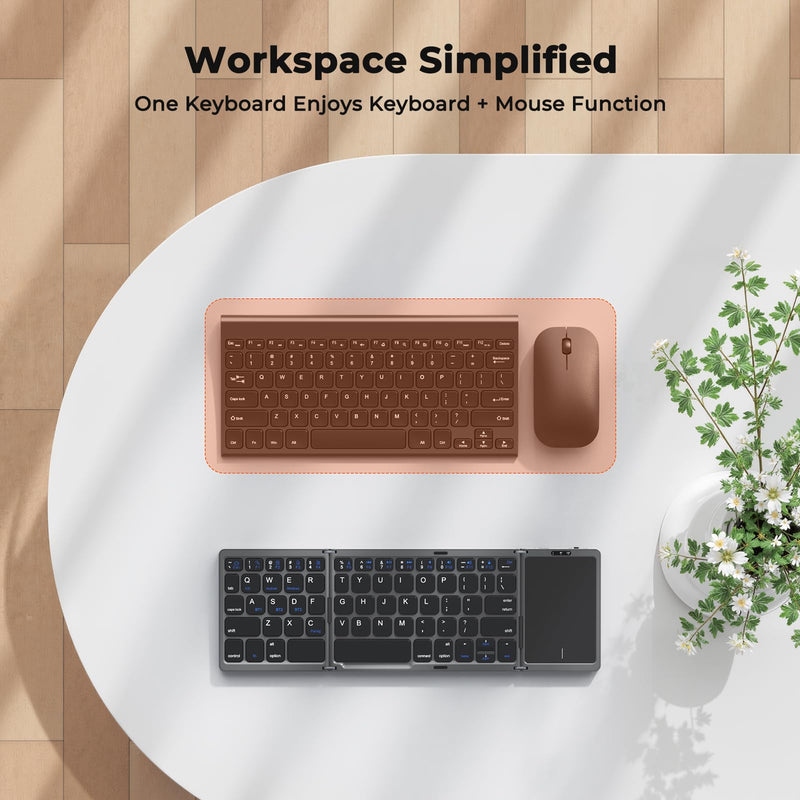 MEETION Foldable Bluetooth Keyboard with Touchpad, Portable Wireless, Gray | Ultra-slim rechargeable folding keyboard with built-in touchpad, full-size keys, idea for travel, iOS/Android/Windows Grey Black