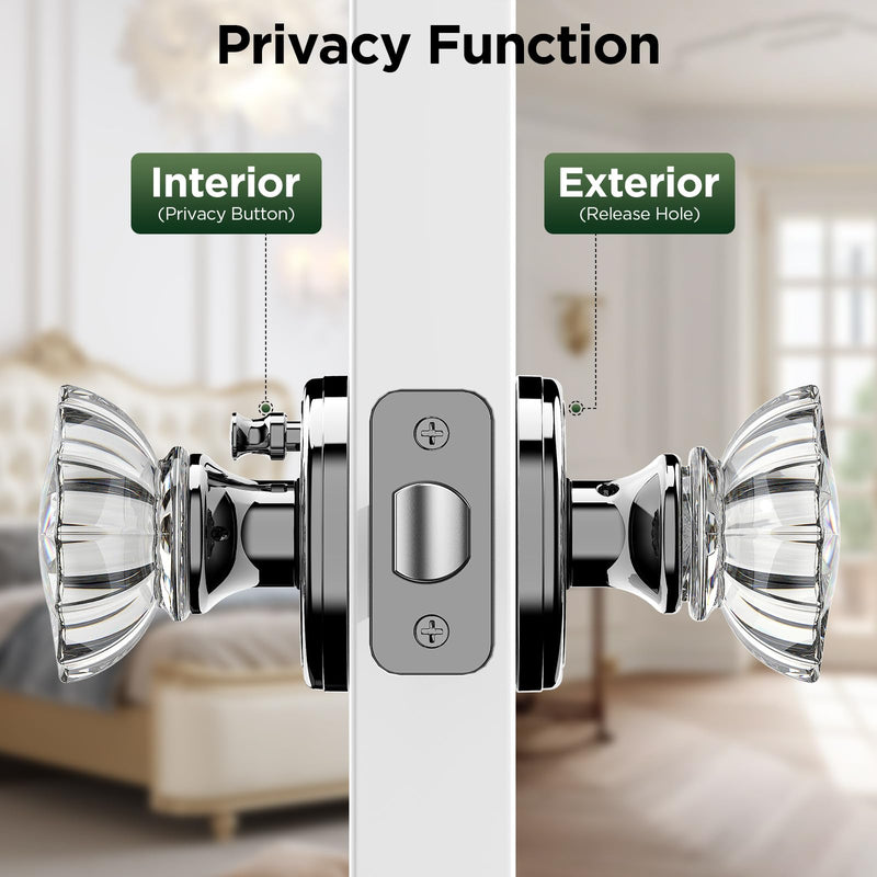 1 Pack Crystal Door Knob, Rosette Shaped Glass Door Knobs Interior with Lock, Polished Chrome Door Knobs Interior Glass 1
