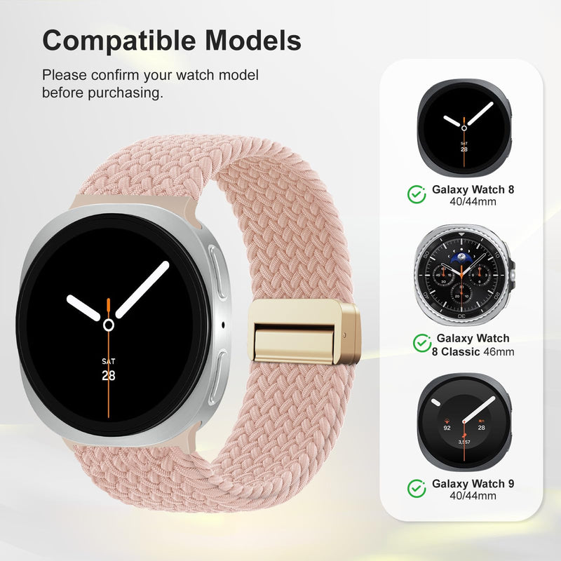 Nylon Bands for Samsung Galaxy Watch 9/8 Band 40 44mm/8 Classic 46mm | 4 Pack Magnetic Braided Wristband for Galaxy Watch 9/8/8 Classic No Gap Strap Accessories for Women Men, Breathable & Soft Black+Starlight+Sandpink+SmokeViolet