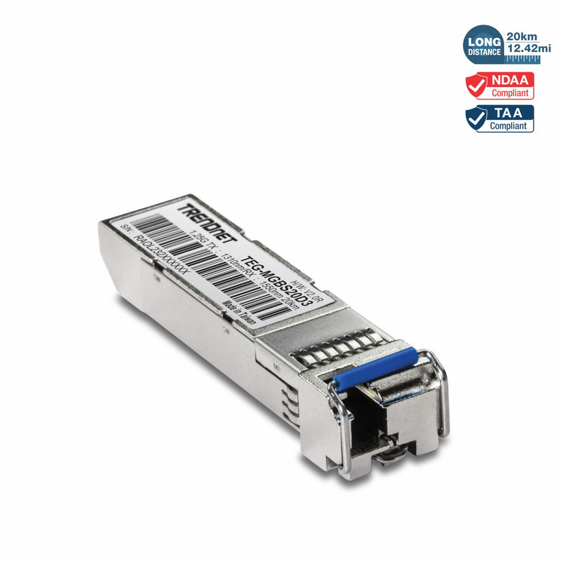 TRENDnet SFP to RJ45 Dual Wavelength Single-Mode LC Module, TEG-MGBS20D3, Must Pair w/TEG-MGBS20D5 or a Compatible Module, Up to 20 km (12.4 Miles), Bi-Directional (WDM) SFP, Lifetime Protection 1310/1550