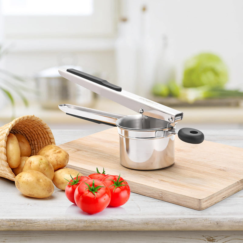 Large 15 oz Stainless Steel Potato Ricer with Silicone Grip - Heavy Duty Ricer for Mashed Potatoes, Purees Black