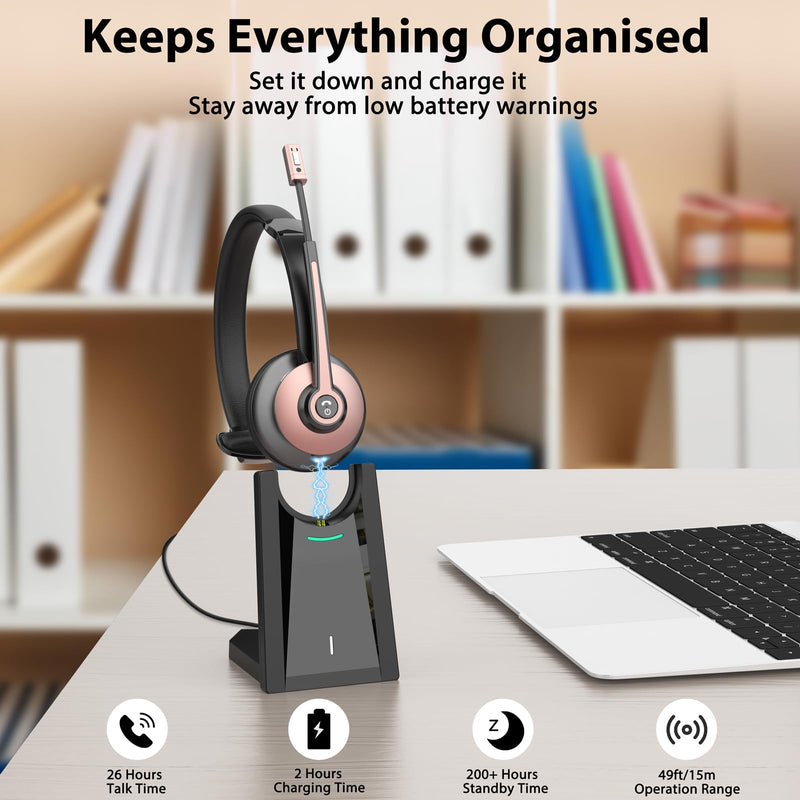 Bluetooth Headset, Wireless Headset with Noise Cancelling Microphone & Mute Function for Work, On Ear Wireless Headphones with USB Dongle & Charging Base for Work from Home Computer Office Call Center Rose Gold