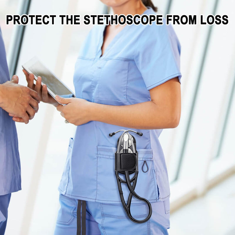 Stethoscope Holder Hip Clip Compatible with Littmann and Most Stethoscopes, PU Leather Stethoscope Holster for Physicians Nurse, Pocket/Belt/Scrubs Stethoscope Clip Accessories for Neck Relief (Black)