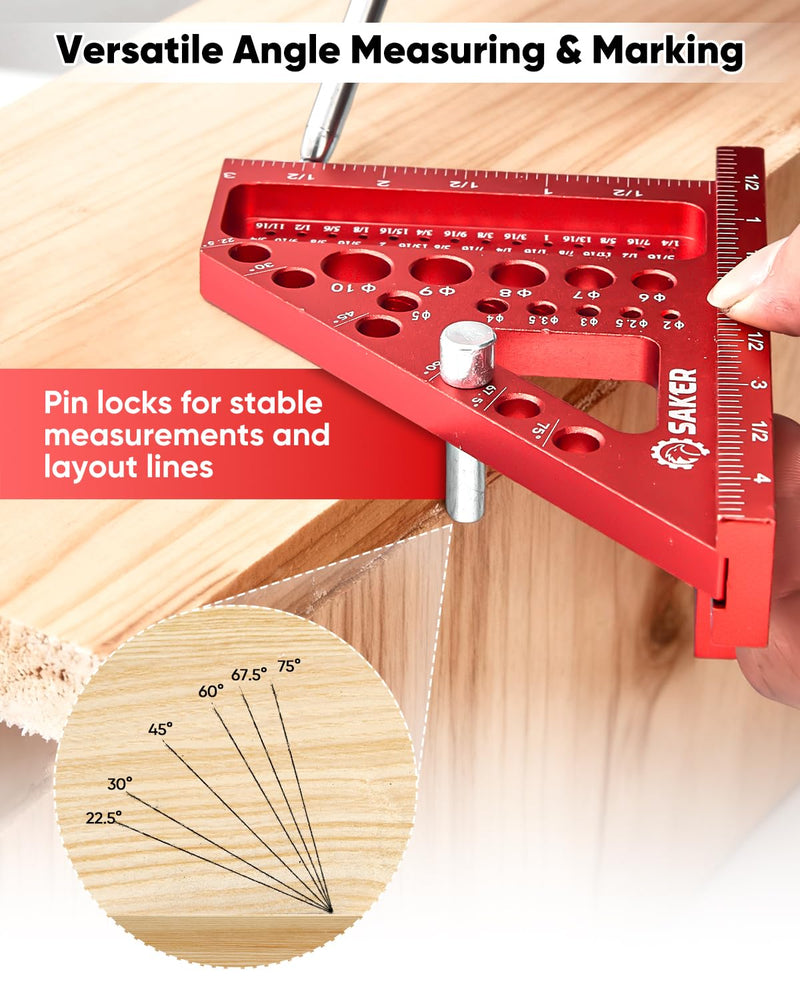Saker 3D Multi-Angle Measuring Square Ruler, Aluminum Alloy Carpenter Square, 0-90° Precision Hole Scribing Ruler with Angle Pin for Woodworking, Engineering, and Construction Projects 4.4inch