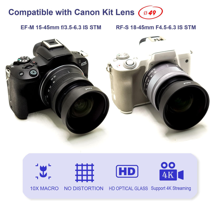 FotoZ 49mm 10x Professional Macro Conversion Lens, Super Macro Lens, for Canon EOS M6 M50 Mark II M100 M200 R50 R100 with EF-M 15-45mm RF-S 18-45mm Kit Lens