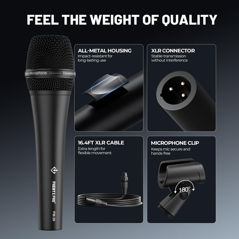 Phenyx Pro Vocal Microphone, Supercardioid Dynamic Mic with 16.4 ft XLR Cable, Mic Clip, Storage Bag, Wired Handheld Microphone for Singing, Stage, Studio, Karaoke (PM-26)