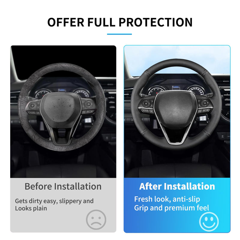 Hand Sewn Steering Wheel Cover for Toyota RAV4 SUV 2019-2024 / Avalon 2019-2022 / Camry 2018-2024 / Corolla 2020-2025 Genuine Leather Sew On Steering Wheel Cover Full-Wrap Accessories(Black) Black