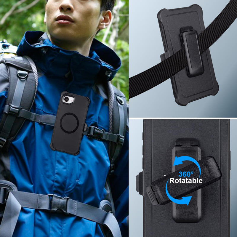 for iPhone 17e Case with Belt Clip Holster, Compatible with MagSafe, Black | Heavy Duty Rugged Defender Cover for iPhone 17e, 3-Layer Shockproof Anti-Drop Durable Works Outdoors Protective Case