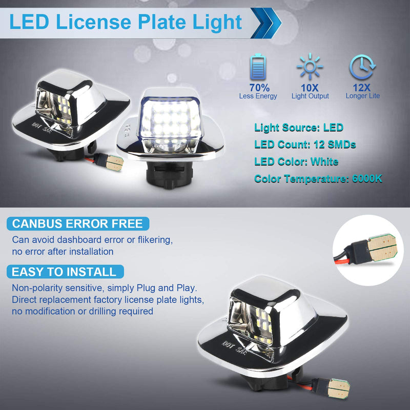 LED License Plate Light Lamp Assembly Compatible with 1988-1999 Chevy C1500 K1500 Silverado Sierra Pickup Tahoe Yukon Blazer S10 Sonoma S15 Chrome Housing 6000K White, Pack of 2