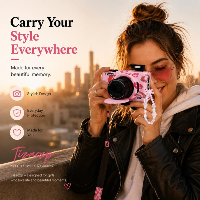 Cute Camera Case for Canon G7X Mark III,Silicone Protective Cover with Removable Lens Cap,Bracelet Wrist Strap & 2 Pack Tempered Glass Screen Protector for Women (Pink Lips) Pink Lips