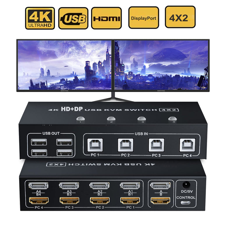 BolAAzuL HDMI + Displayport KVM Switch Box 4 Port, Dual Monitor 4 Computers HDMI 2.0 DP 1.2 USB 2.0 KVM Switch 4K 60Hz, Keyboard Mouse Peripherals Switcher HDMI+DP 4 in 2 Out for 4 PCs 2 Monitors 4 PC share 2 monitors(HDMI+Displayport)