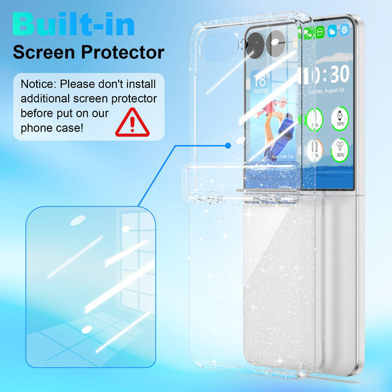 For Samsung Galaxy Z Flip 8 Case Clear Sparkle with Hinge Protection | Built-in Glass Screen Protector for Flip 8 Protective Phone Case Cover Clear Glitter