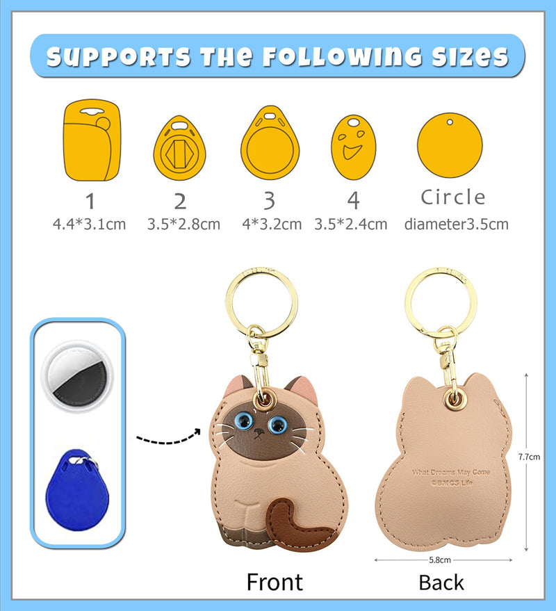Keychain Holder Case Compatible with AirTag, PU Leather Access Card Cover with Key Ring for Suitcase, Bag, Car Keys Siamese Cat
