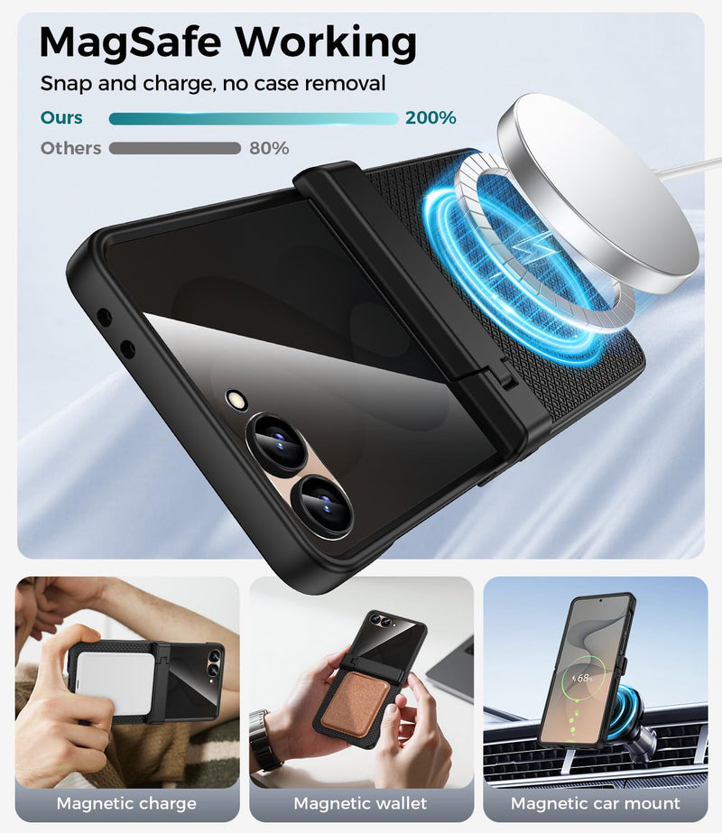 Magnetic for Samsung Galaxy Z Flip 8 Case with Hidden Kickstand, Black | with Built-in Privacy Screen Protector & Hinge Protection, Compatible with MagSafe, Shockproof Non-Slip Textured Phone Cover