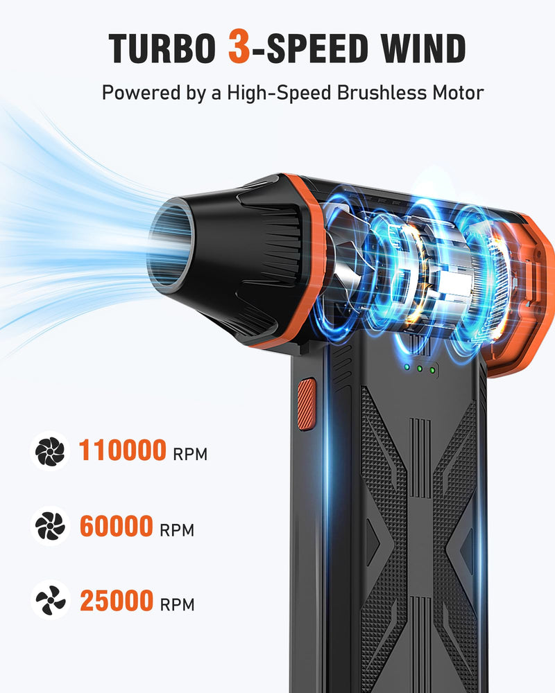 Electric Air Duster, 110000 RPM Cordless Rechargeable Compressed Air Duster | 3 Speed, Brushless Motor, Portable, Handheld Air Blower for Computer Cleaning, Keyboard, PC, Electronics, Car, Office & Home Black 1 Pack