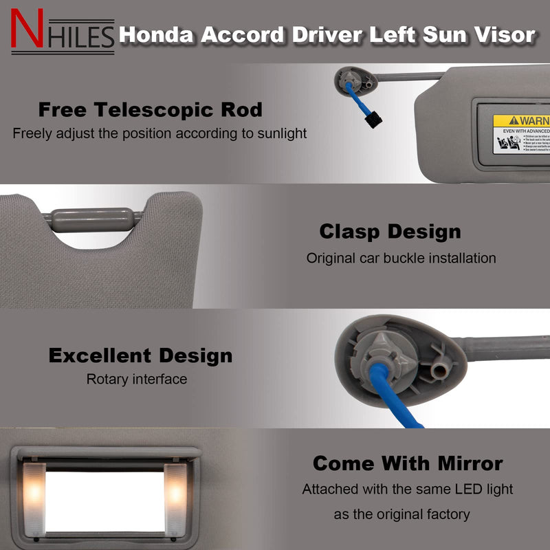 NHILES Left Driver Side Sun Visor Compatible with Honda Accord 2008 2009 2010 2011 2012 2013 2014 2015 2016 2017 with Light Replaces # 83280-TA5-A51ZA (Grey) Gray(Left Driver Side)