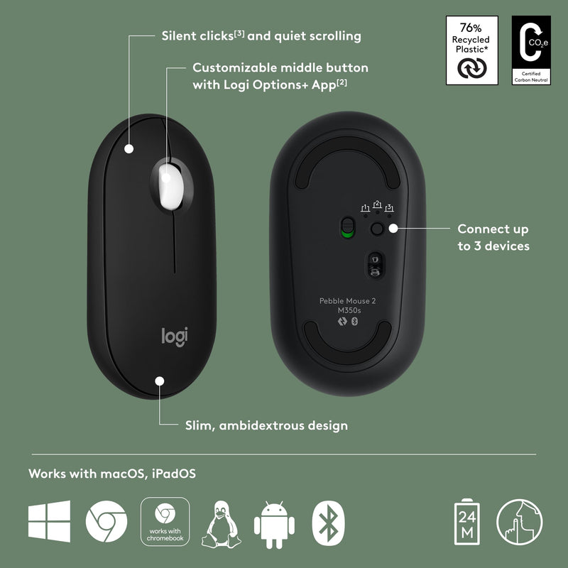 Logitech Pebble Mouse 2 M350s Slim Bluetooth Wireless Mouse, Portable, Lightweight, Customizable Button, Quiet Clicks, Easy-Switch for Windows, macOS, iPadOS, Android, Chrome OS - Black Pebble 2