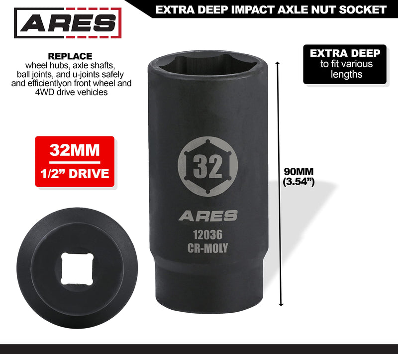 ARES 12036-32MM Axle Nut Socket - 6 Point Socket - Extra Deep 1/2-Inch Drive Impact Socket for Easy Removal of Axle Shaft Nuts 6-Point Socket 32mm