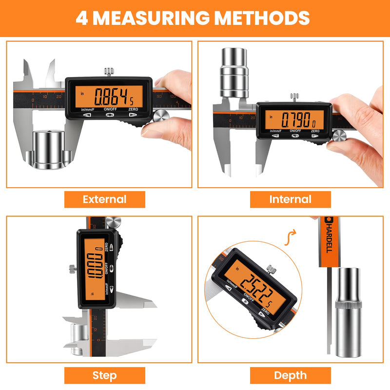HARDELL Digital Caliper, 6" Rechargeable Caliper Measuring Tool with Large Orange Screen (Non-Backlit), Stainless Steel Digital Micrometer with Auto-Off, Inch/MM/Fraction for DIY/Household/3D-Printing | Precise Measurements, Digital Display 6 Inch