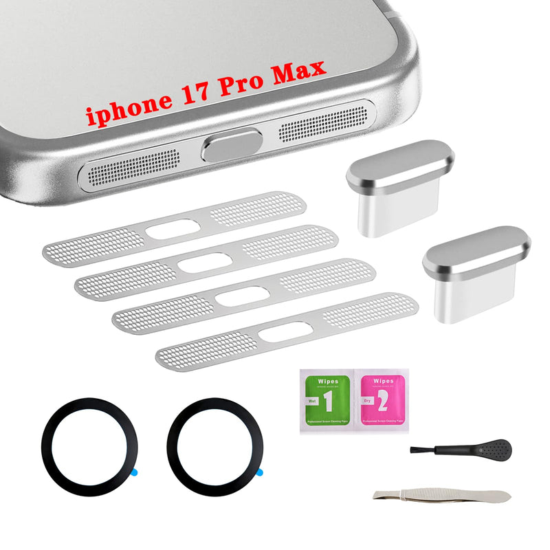 iPhone 17 Pro Max Speaker Dust Cover Accessories , Usb C Dust Plug, Sliver | Speaker Protector Mesh Covers,Charger Cover, Metal Attracting Ring for Phone Case,Zero Sound Loss,Invisible Fit,Residue-Free iphone 17 Pro Max USB Slivery