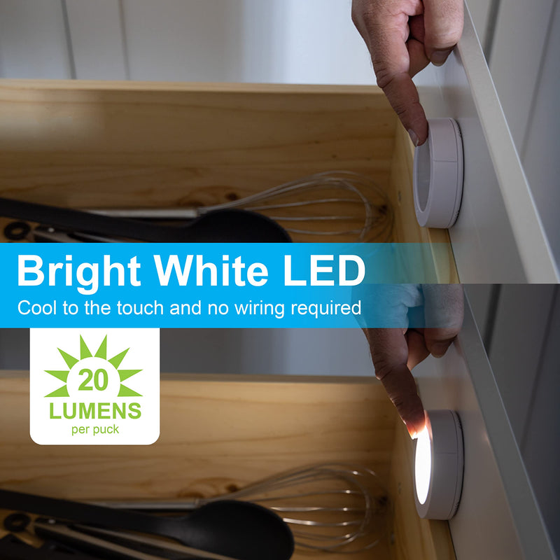GE Wireless LED Puck Lights, Battery Operated, 20 Lumens, Touch Light, Tap Light, Stick On Lights, Under Cabinet Lighting, Ideal for Kitchen Cabinets, Closets, Garage and More, 4 Pack, 45997 White