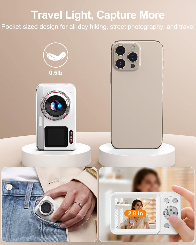 Digital Camera, 5K 80MP Dual Screen, Auto Focus for Beginners Teens | Point and Shoot Camera with 18X Zoom, 32GB Card & 2 Batteries, Great Travel Vlogging Camera for YouTube, White